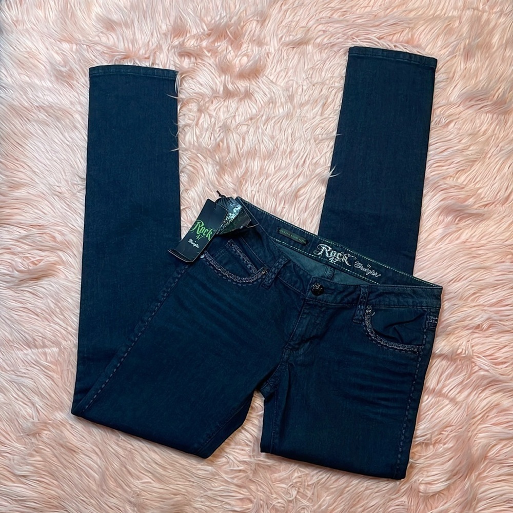 NWT Rock Wrangler‎ Dark Wash Extra Low Rise Skinny Jean Size 3x33 Woman’s